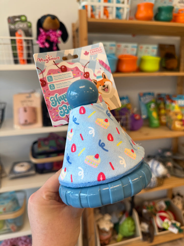 Dog Toy: Blue Party Hat Rubber Toy