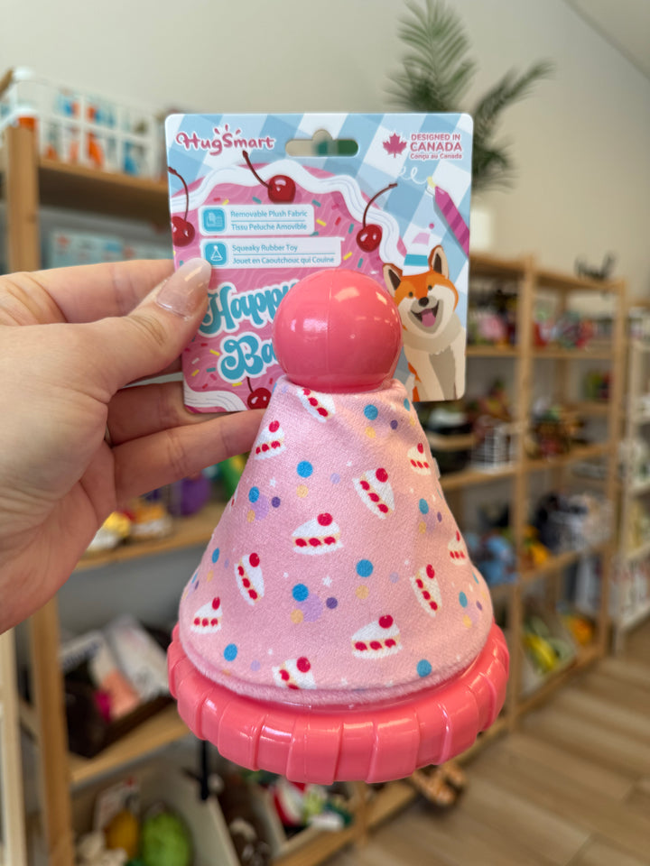 Dog Toy: Pink Party Hat Rubber Toy