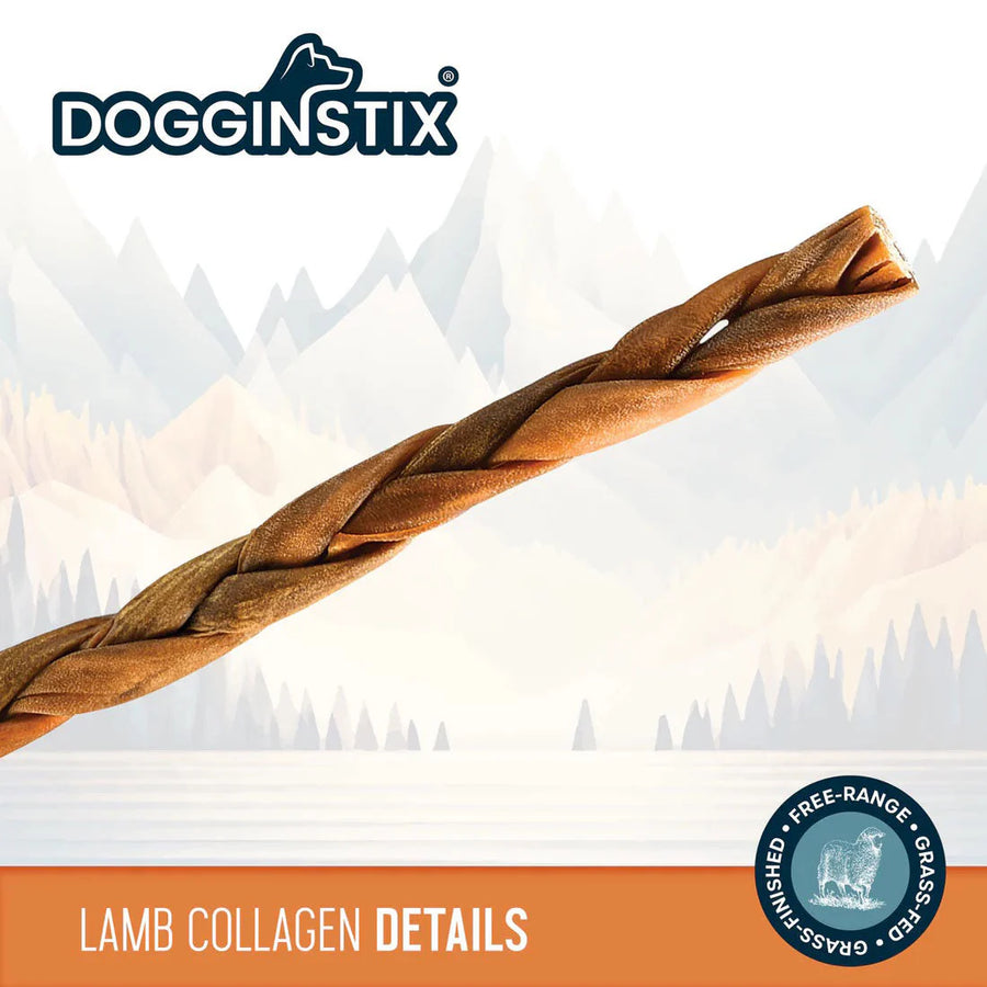 DogginStix lamb collagen stick for dogs 12 inch with a mountainous background and brand logo.