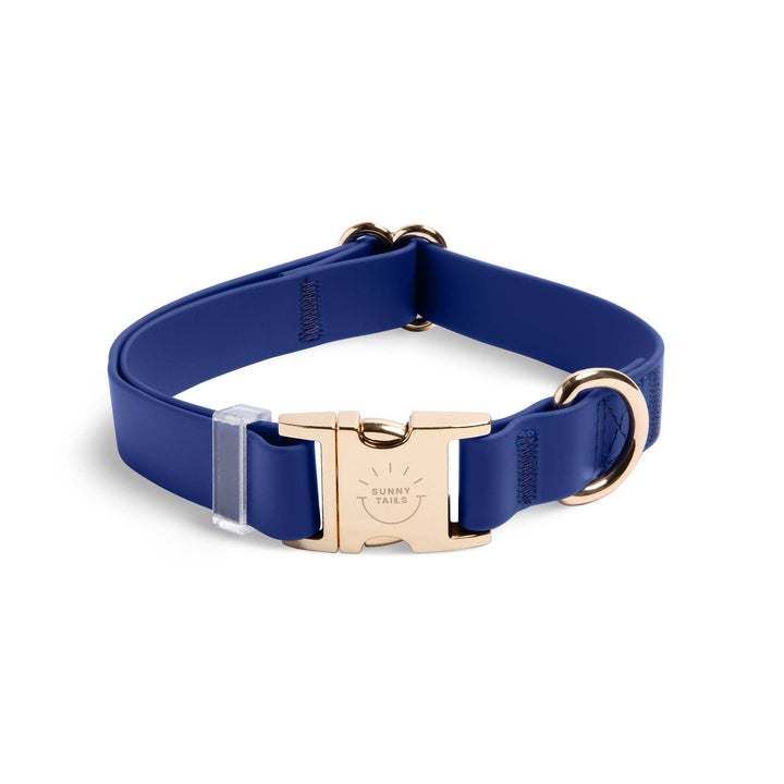 Navy Sunny Tails dog collar with gold buckle on a white background
