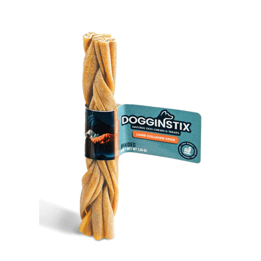 Dogginstix dog chew treat with packaging on a white background